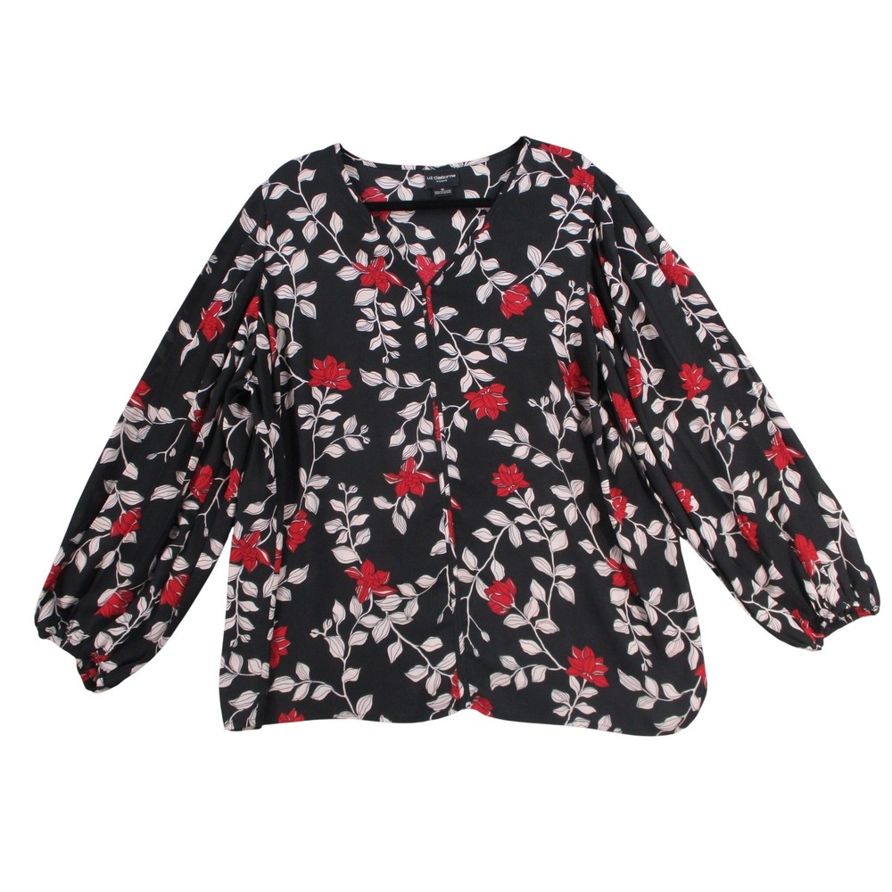 Liz Claiborne Woman 1X Blouse Black Red Floral V-Neck Balloon Sleeve Top RN93677